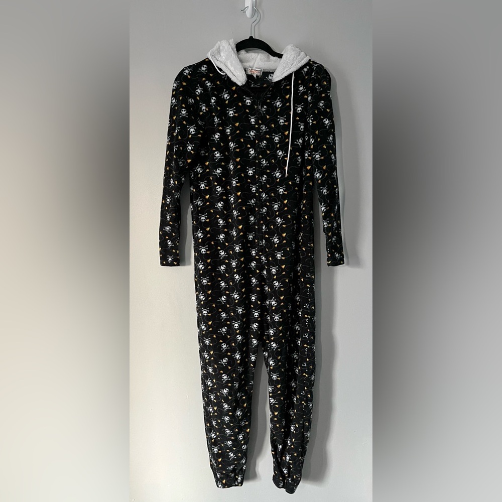 Happy Halloween Poof Skull Crossbones candy corn Zippered Hooded PJ One piece